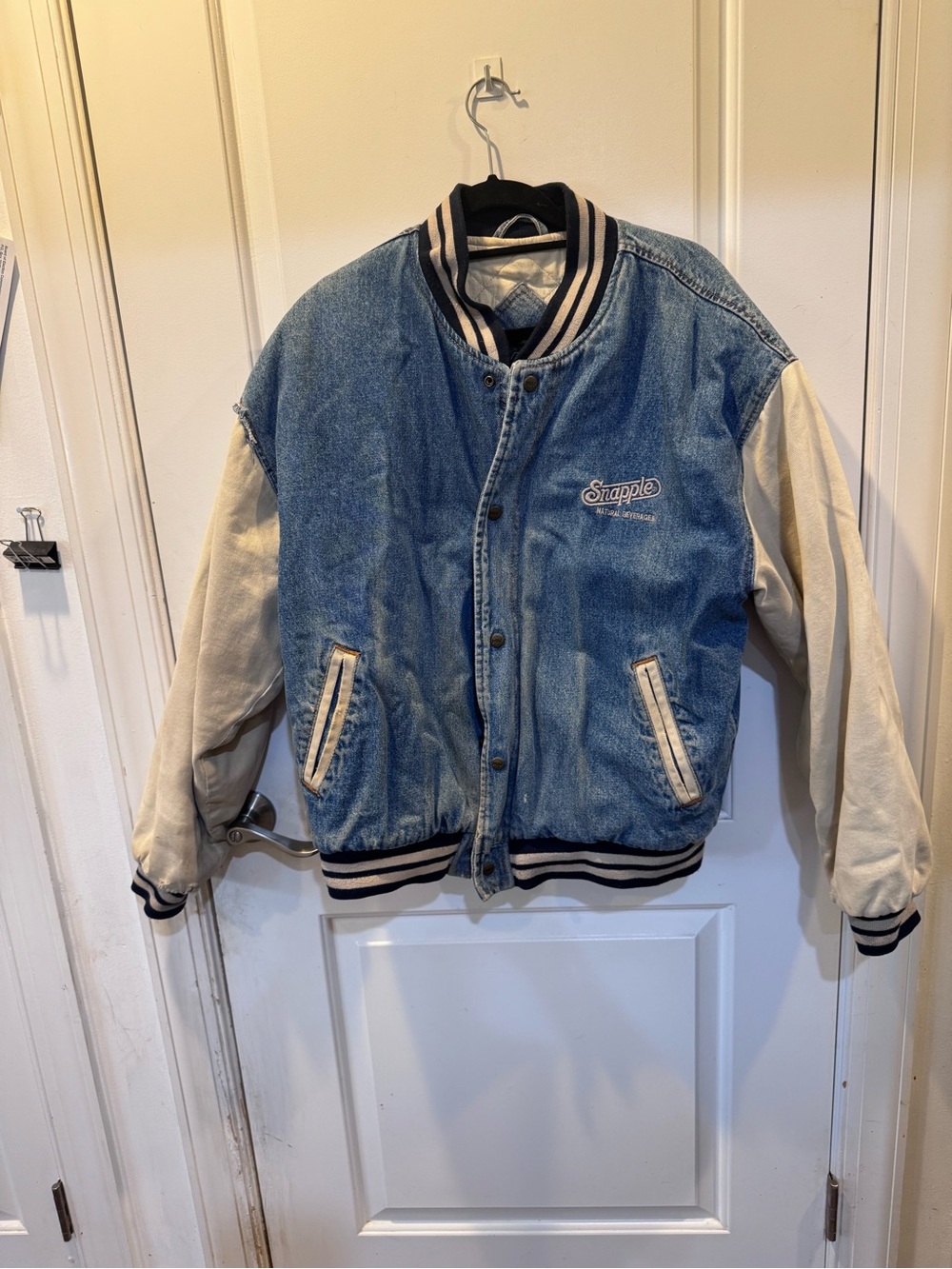 Vintage Snapple Denim Bomber Jacket with Cream Sleeves - Men's